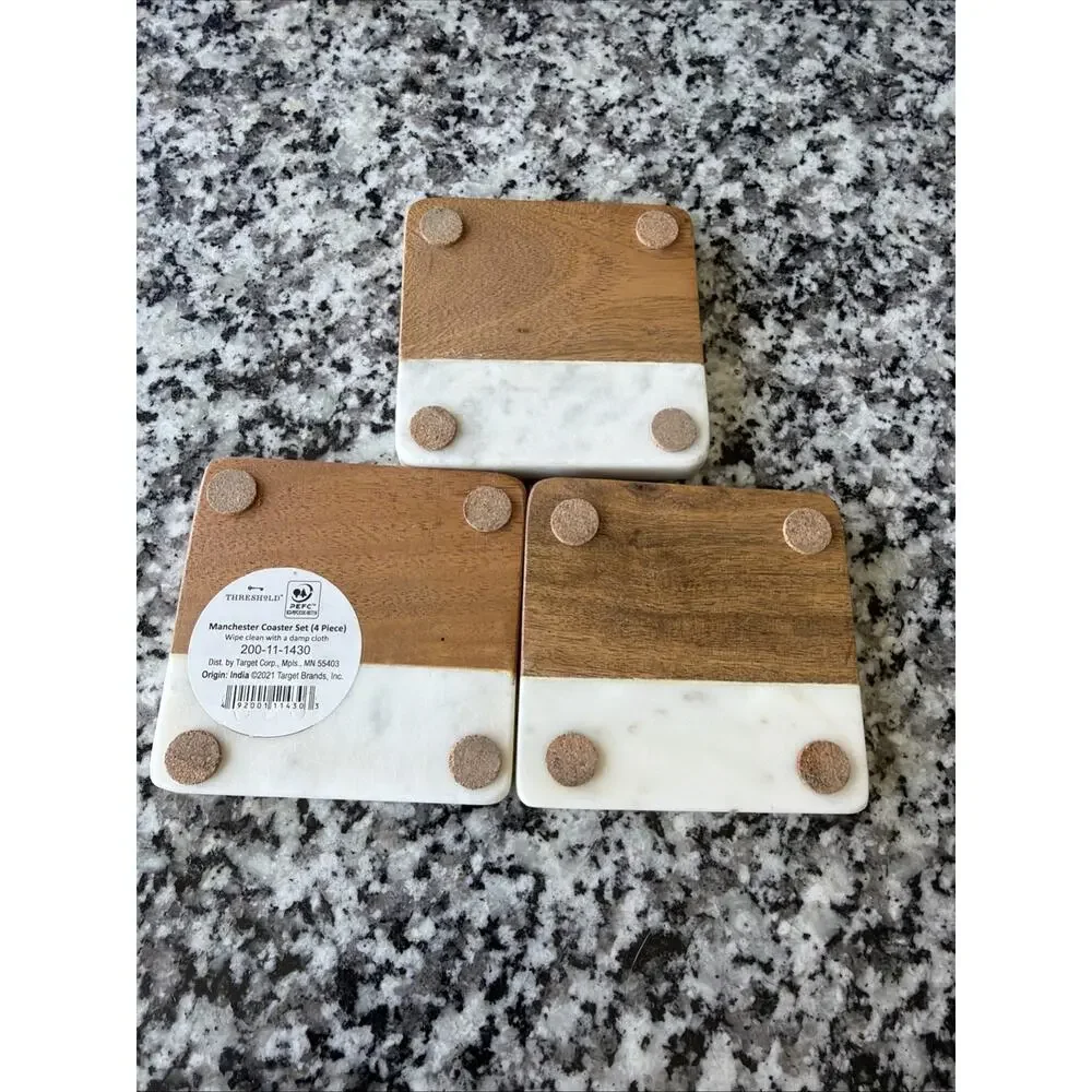 Manchester Coaster Set White Marble & Wood Threshold 4